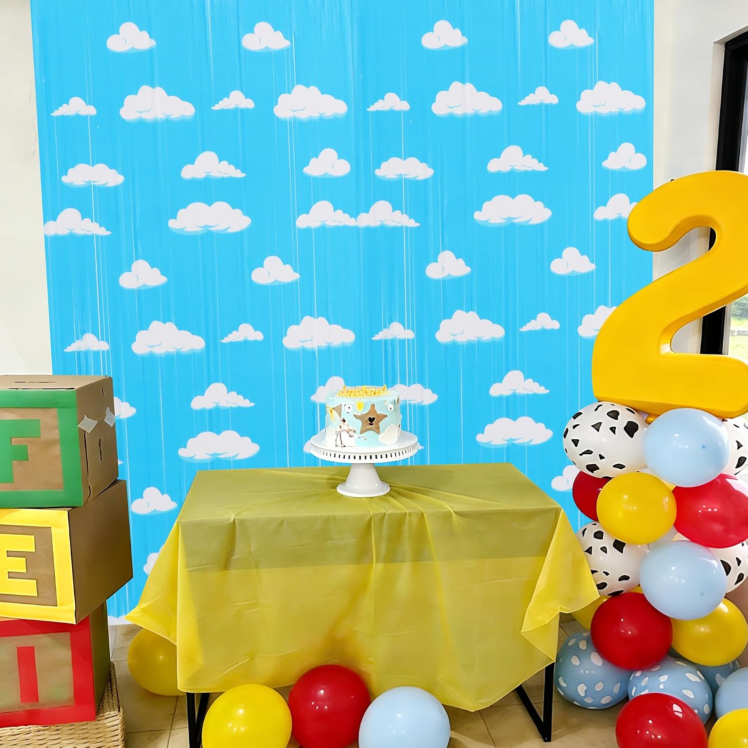 BEISHIDA 2Pcs Blue Sky White Clouds Birthday Party Decorations Backdrop Foil Fringe Tinsel Curtains Cartoon Story for Kids Birthday Baby Shower Party Supplies