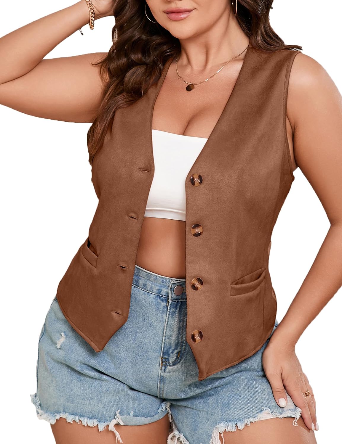 ShopWonder Womens Plus Size Button Vintage Vests Jacket V-Neck Faux Suede Cardigan Outerwear With Pockets