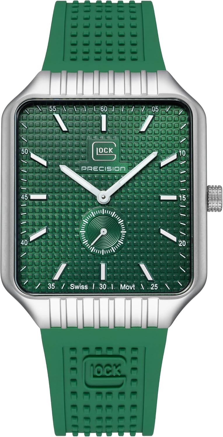 GLOCK Men's Quartz Watch | 48x38mm case | Wristwatch with Silver Steel Case | Green Dial | Green Silicone Strap | 5ATM | GW-5-1-24