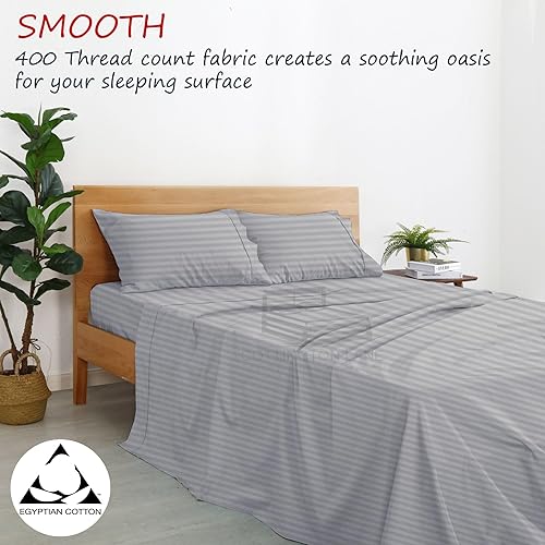 Miniatura 2 de Juego de sábanas de 100 % algodón egipcio de 400 hilos, tamaño Queen, bolsillo profundo de 12 pulgadas, juego de sábanas de 4 piezas (rayas grises