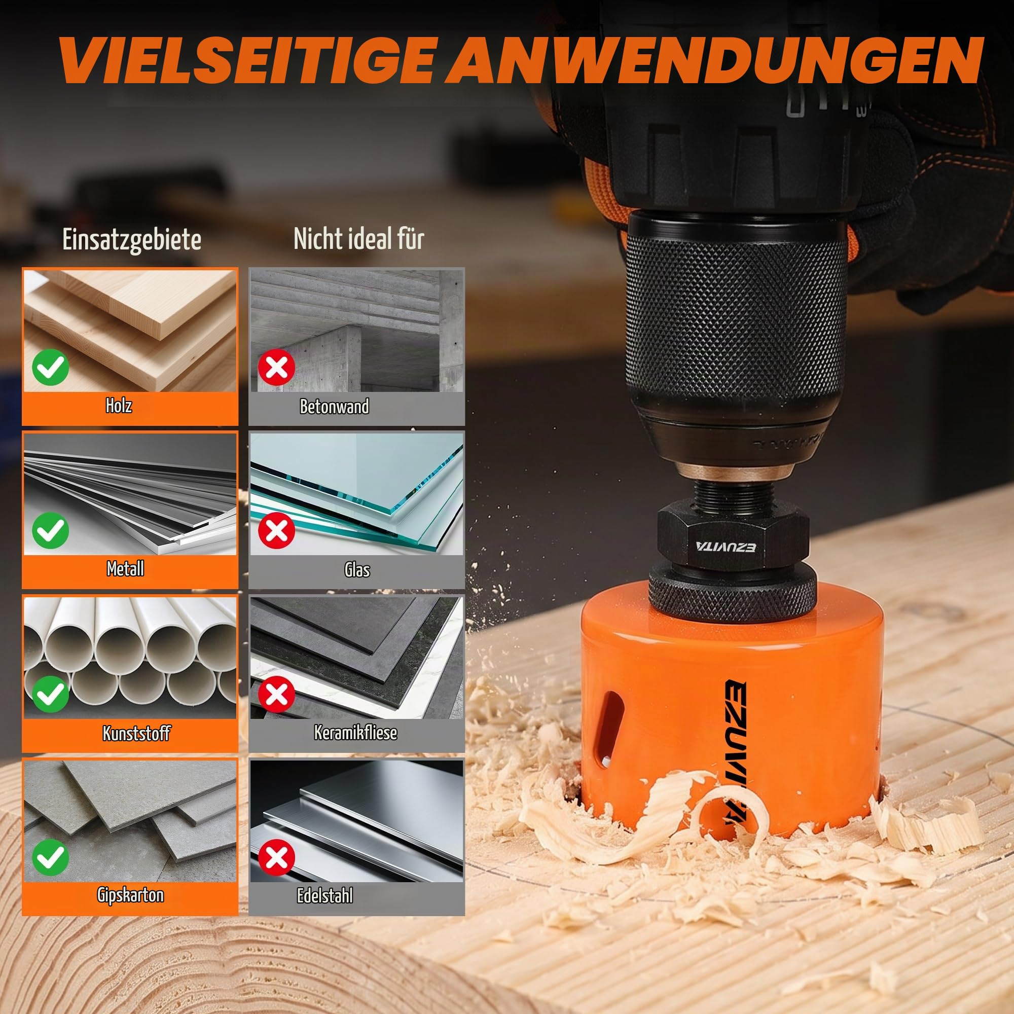 Bimetall-Lochsägen-Set,19-64 mm(17-tlg) Lochsäge Set mit Bohrer,Ein Dorn passt für alle Lochsägen,geeignet für Holz,Metall,Kunststoff und Gipskarton, Mit Inbusschlüssel und Aufbewahrungsbox