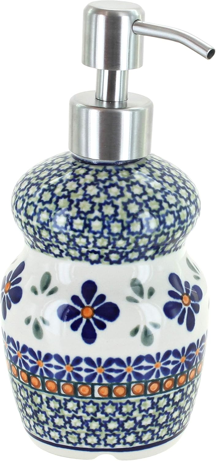 Blue Rose Polish Pottery - Blue Flowering Peacock Soap Dispenser - 6.75" Tall - Perfect for Vanity, Sink or Bathroom Décor