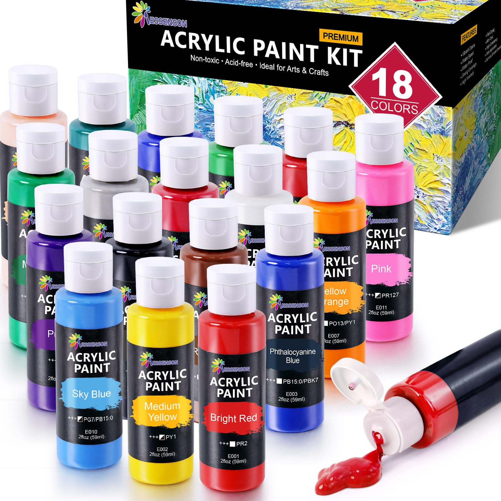ESSENSON Acrylic Paint, 18 Colors Acrylic Paint Set, 2oz/59ml Bottles, Premium Paints for Artists, Kids, Beginners and Adults on Canvas Rocks Wood Ceramic Fabric