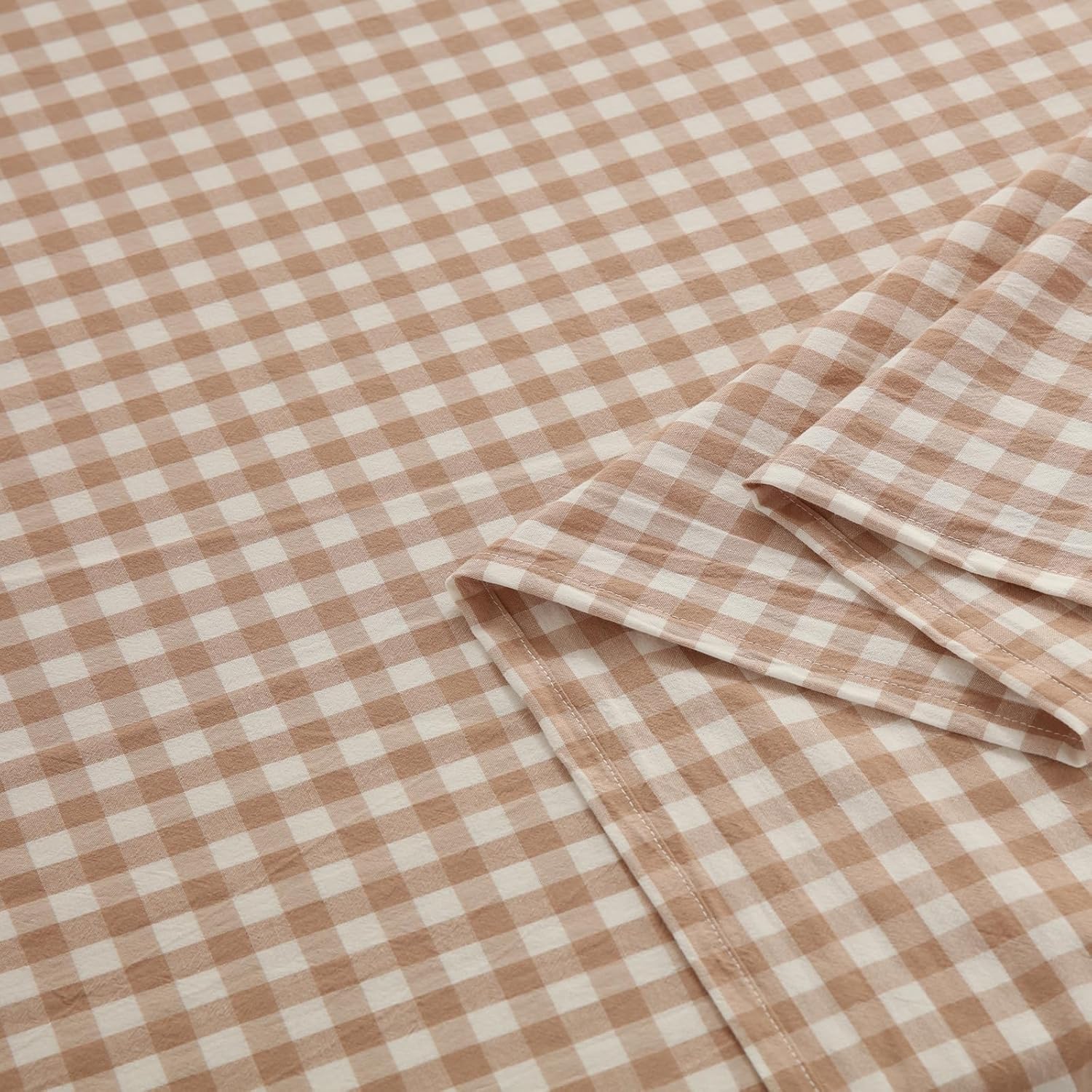 MorroMorn Tan Gingham Duvet Cover Set 100% Washed Cotton Linen Like Soft, 3-Pieces Bedding Sets Comforter Cover & 2 Pillowcases - Breathable Comfy Brown Vintage Plaid Checkered Fall (Queen 90"x90")