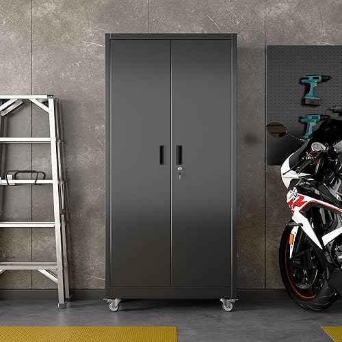 Miniatura 179 de Armario de almacenamiento de garaje con ruedas, gabinete de herramientas de metal de 35.43 pulgadas de alto con tablero de clavijas y 4 ganchos