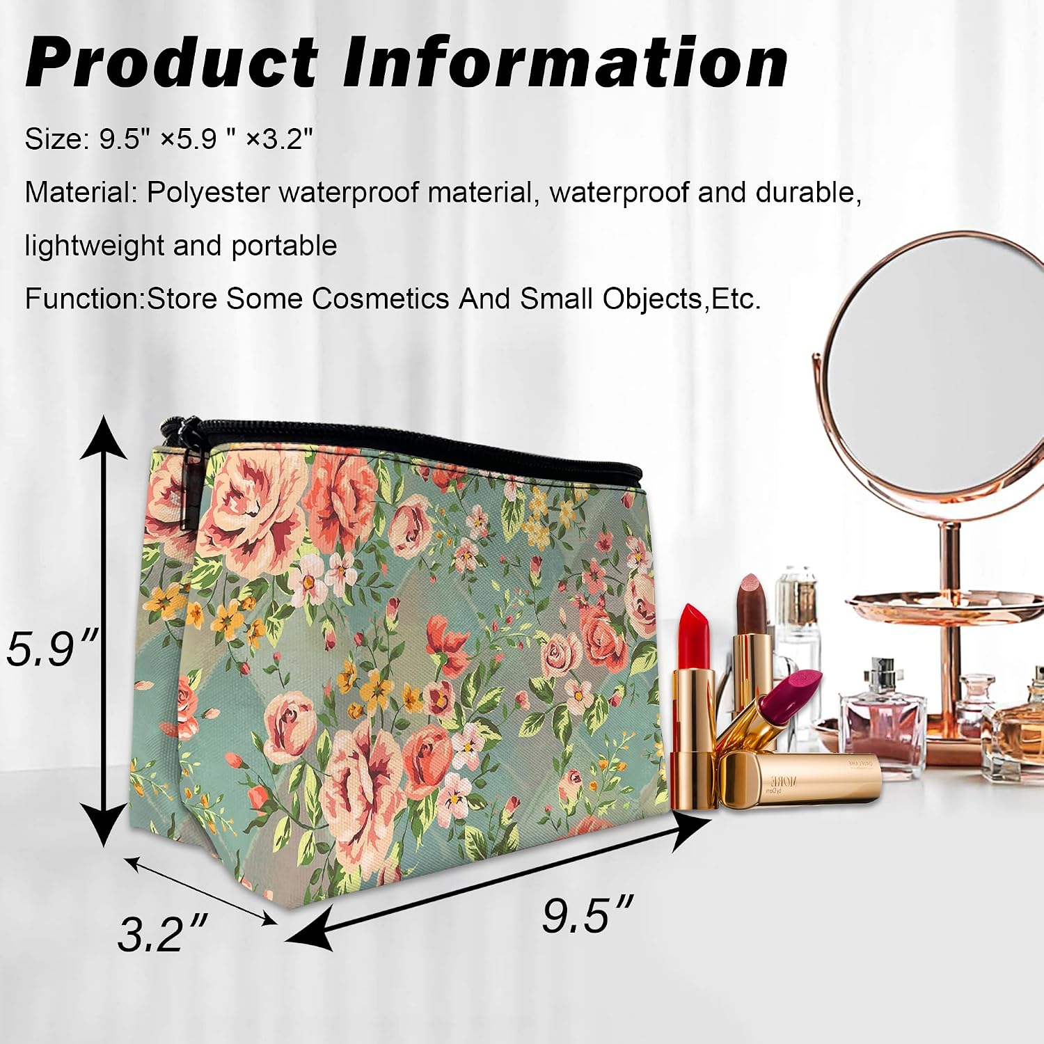 Makeup Bag Vintage Floral Cosmetic Bag for Women, Travel Small Bag for Purse, Pouch for Toiletries Water Resistant Gift 9.5×5.9 Inch