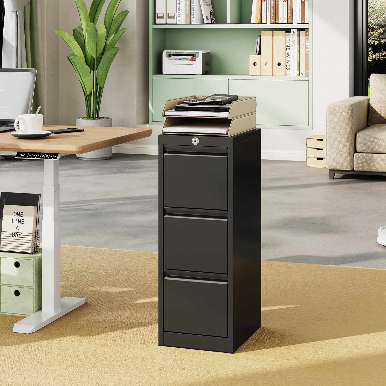 GarveeHome Aktenschrank Stahl Schwarz 3 Schubladen Buerokabinett | Büromöbel Rollcontainer Schlüsselschloss Aufbewahrung stabil Büro Arbeitszimmer Home Office