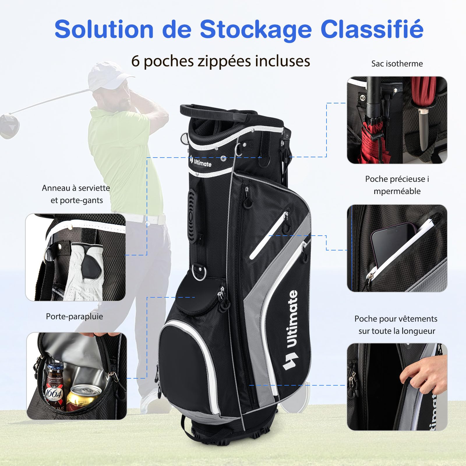 GOPLUS Sac de Golf avec Support à 14 Compartiments, Sac de Golf Trépied avec Double Bretelles, 6 Poches zippées, Sac Isotherme, Housse de Pluie, Sac de Golf Portable pour Hommes et Femmes