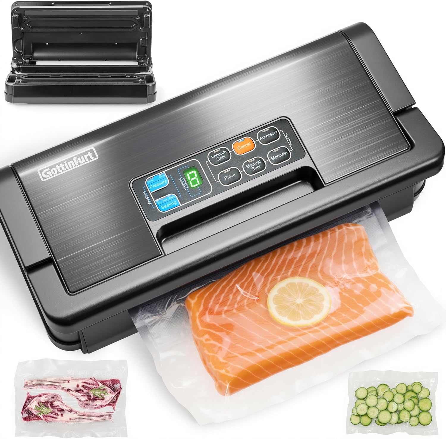 Pro Vacuum Sealer for Food 95Kpa, Vacuum Sealer Machine 10-IN-1 with Easy-Lock Handle, Double Heat Seal & Double Pump, 1 Bag Rolls and 10 pcs Pre-cut Bags, Stainless Steel