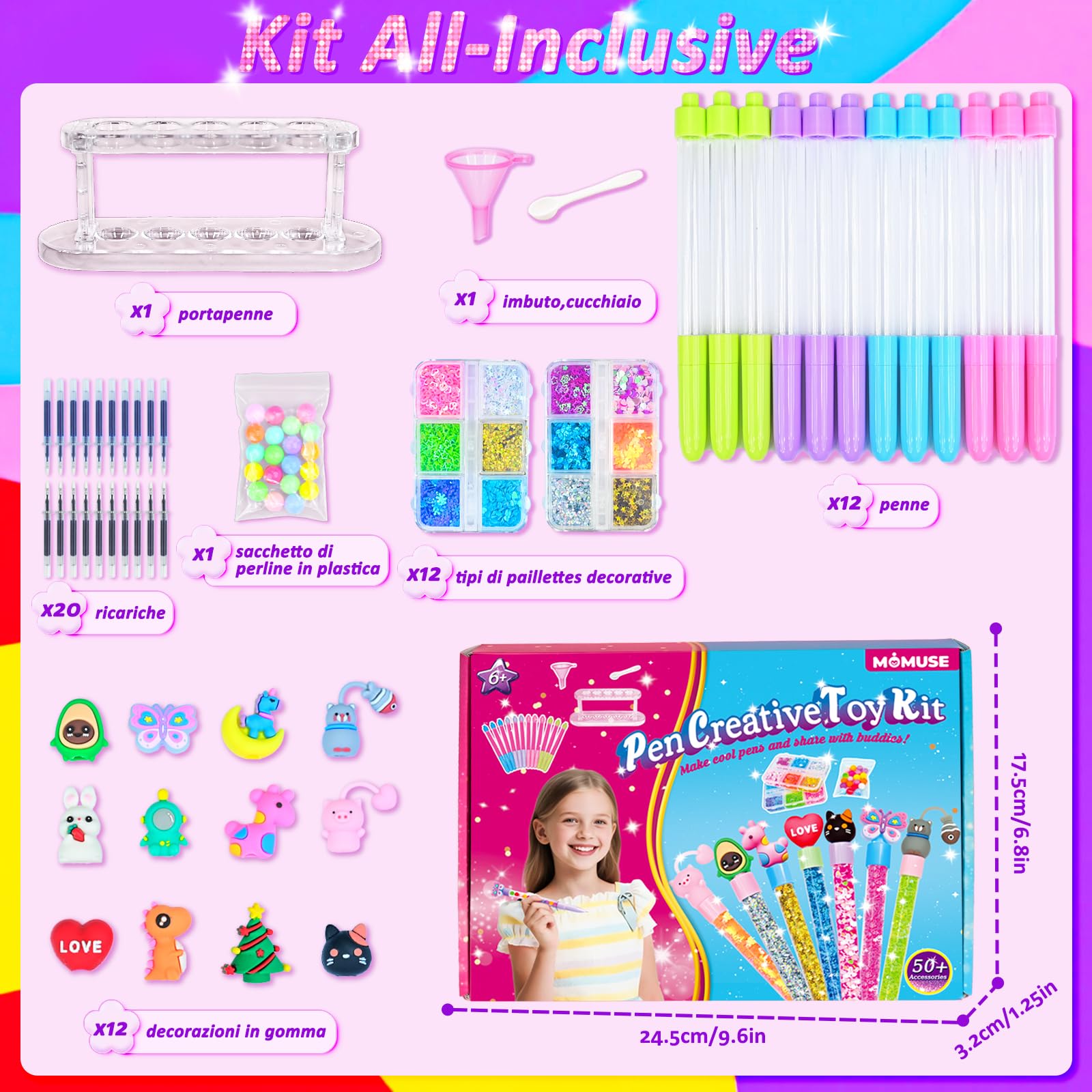 MOMUSE Laboratorio Delle Penne 50 Accessori, Kit Creativo per Creare Penne Fabbrica, Lavoretti Creativi per Bambini 6 Anni, Idee Regalo per Ragazze 6 7 8 9 10 anni