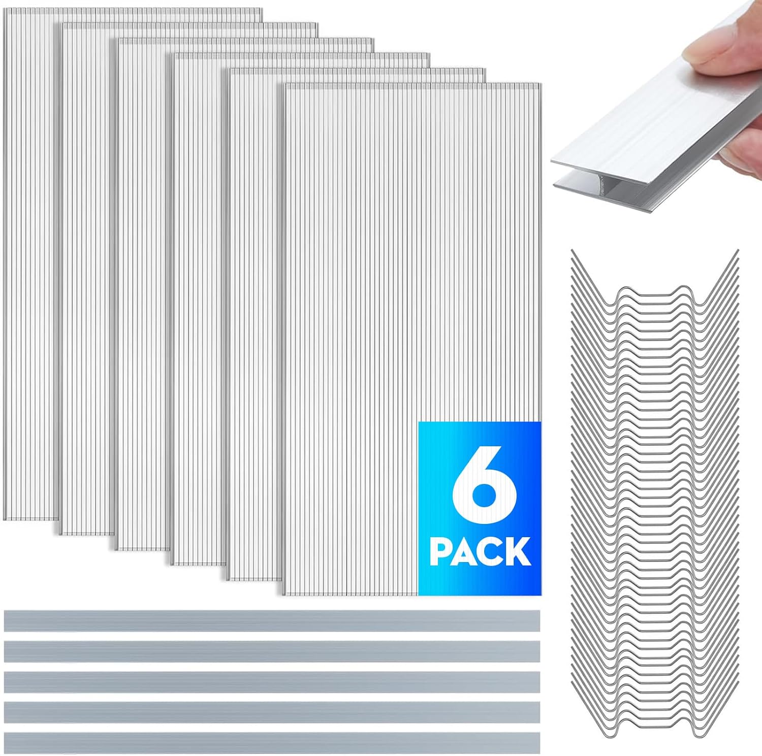 6 Pack Polycarbonate Greenhouse Panels, 4' x 2' x 0.24" Thickness Twin Wall Polycarbonate Sheets w/ 5Pcs Aluminum Connecting Strips, 50Pcs W Clips, All Weather Clear Roof Panels Greenhouse Replacement