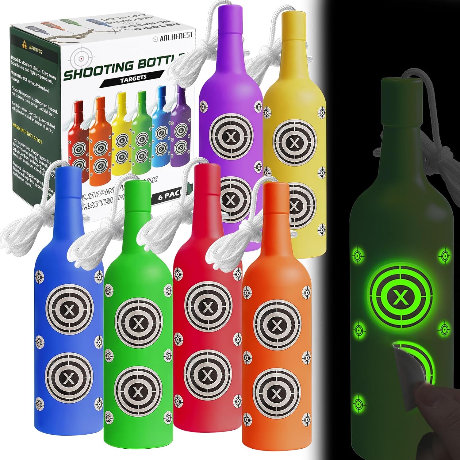 6 Pack Plastic Bottles Shooting Targets, Shatterproof Bottle Reusable Hanging Target Kit with Rope and Glow-in-the-Dark DIY Stickers, for Firearm Target Training, Shooting Range, Outdoor, Backyard