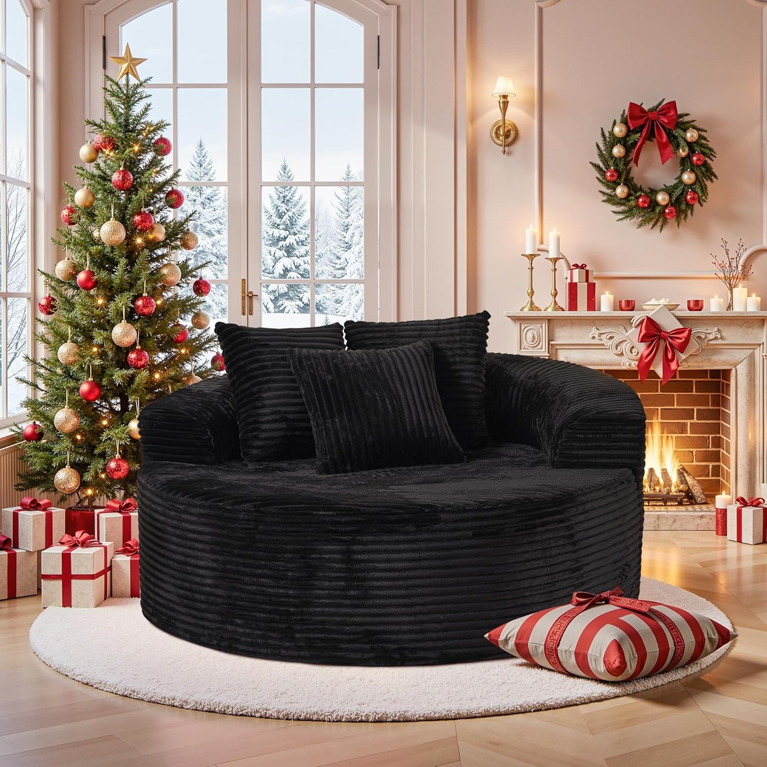 Oversized Round Lounge Chair Indoor, 58" Boneless Chaise Lounge Couch with Deep Seat Indoor, Comfy Reading Chair for Living Room Bedroom, No Assembly Required, Black