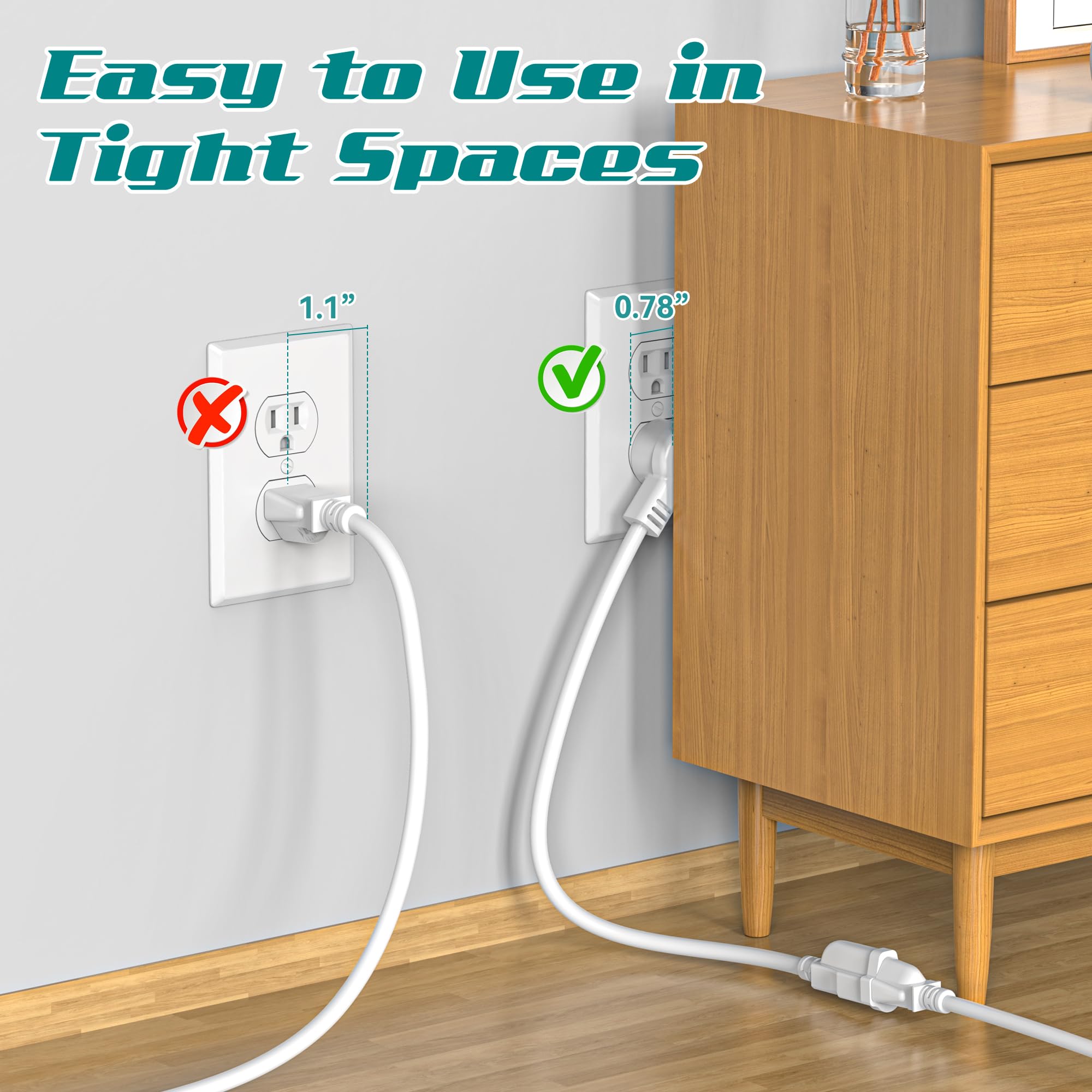Paquete de 2 cables de extensión de alimentación de 1 pies/12 pulgadas, cable de extensión eléctrico corto de 3 clavijas, toma única, resistente, impermeable, flexible, 16 AWG, 13 A, 125 V, cables