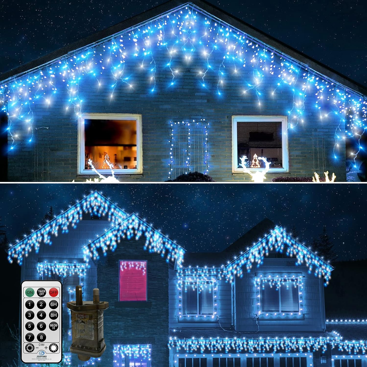 20M 540LEDs Eisregen Lichterkette Außen Weihnachten Lichtervorhang mit Stecker,Eiszapfen Lichterkette Weihnachtsbeleuchtung Wasserdichte mit 108 Tropfen für Outdoor Urlaub Hochzeit,Blau+Weiß