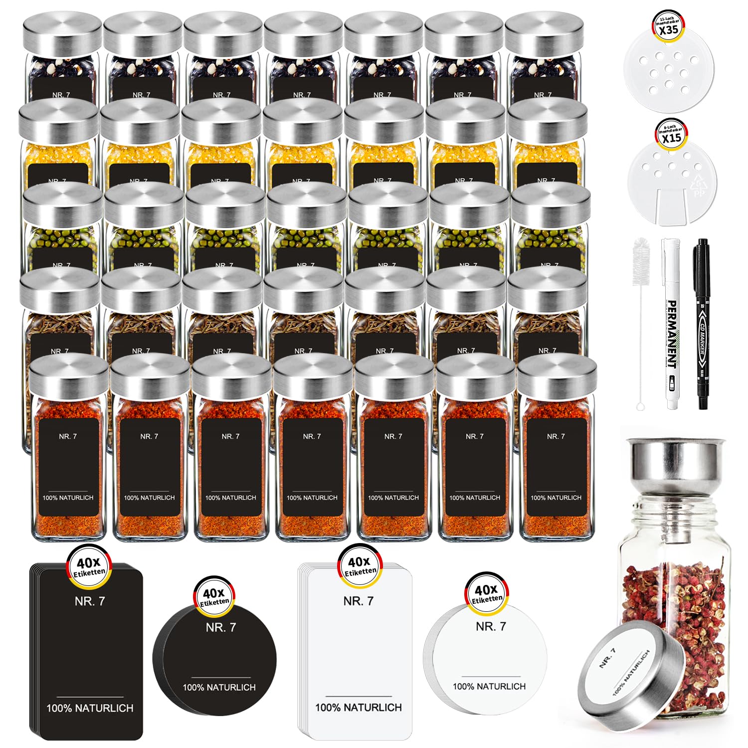 35 tarros de especias cuadrados, 120 ml botes especias cristal, con 120 etiquetas negras bellamente impresas, botes transparentes para especias cocina con tapa de acero inoxidable.