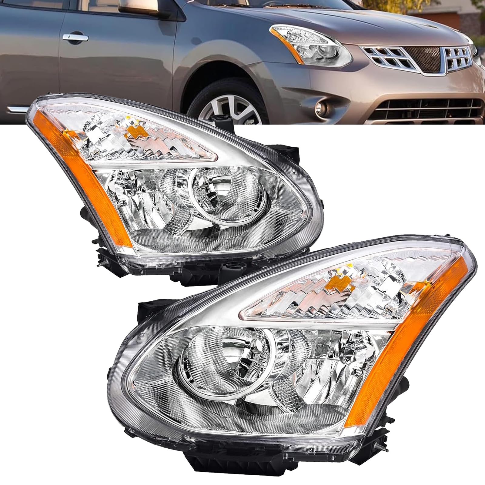 2PCS Headlights Assembly Compatible with 2008-2013 Nissan Rogue,2014-2015 Nissan Rogue Select Head Lights DOT SAE Approved Replacement Driver + Passenger Side Pair, Chrome Housing Amber