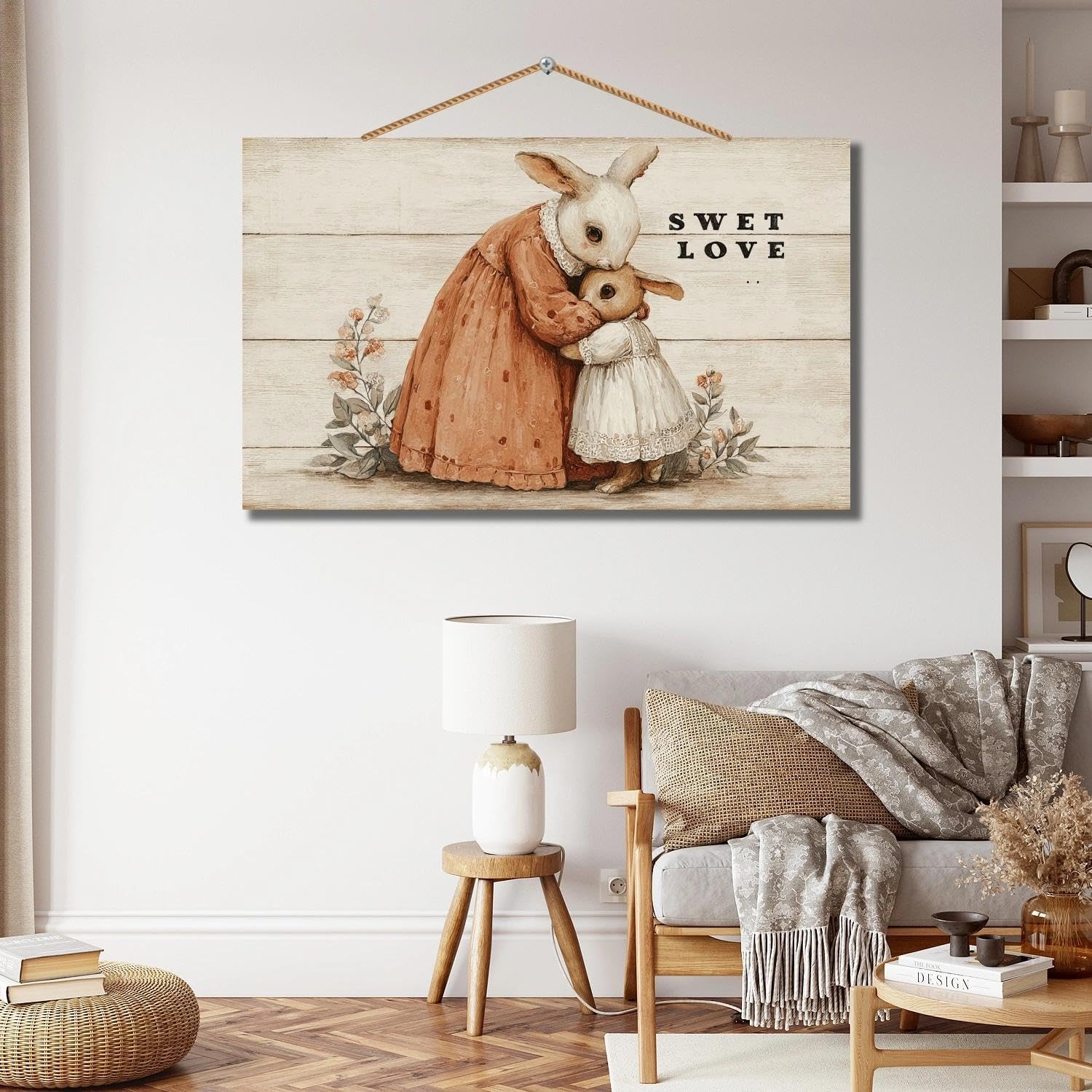 Personalized Bunny Rabbit Portrait Wooden Wall Art - Custom Vintage Watercolor Mother and Baby Rabbit Sign, Nursery Wall Decor, New Mom Gift, Cottagecore Farmhouse Style(Style C) image 3