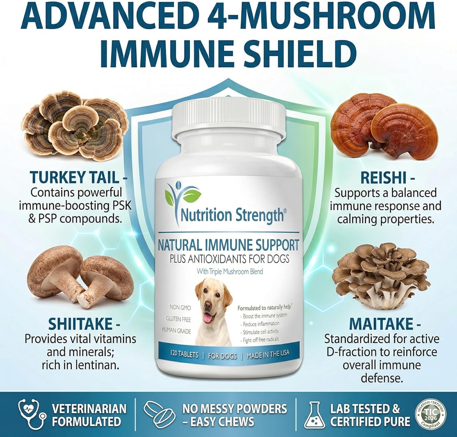 Immune Support for Dogs - Turkey Tail, Reishi, Shiitake & Maitake Mushroom Complex - Senior Dog Health, Antioxidants, CoQ10, Selenium, Vitamin A - 120 Chewable Tablets