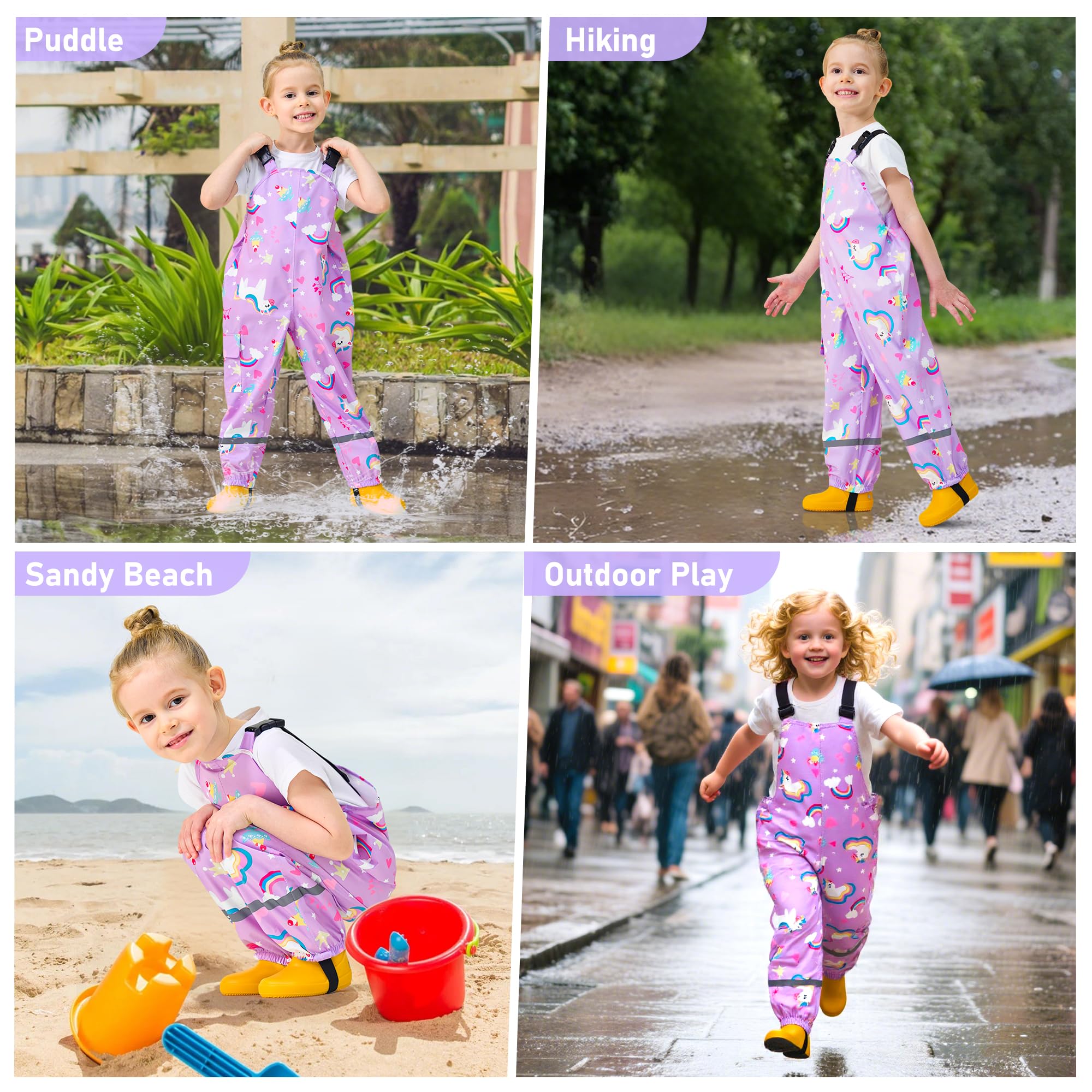 Salopette de Pluie Imperméable pour Enfants, Garçons Fille Non doublée Pantalon Coupe-Vent et imperméable Pluie, Tout-Petits Anti-Boue Léger Pantalon avec Réfléchissant pour 2-7 Ans