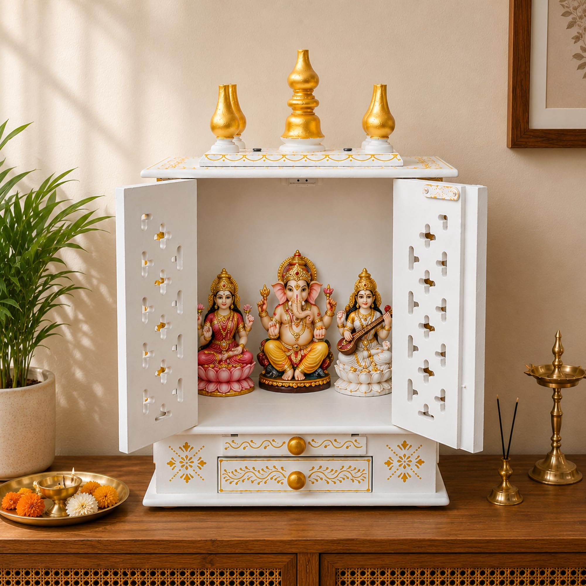 Handmade Wooden Temple Mandir in White & Gold, Hand-Painted with Carved Panels; Perfect Decorative Pooja Shrine for Home or Office, 30x15x40 cm