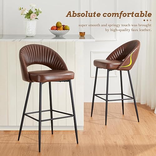 Miniatura 8 de glitzhome Juego de 2 taburetes altos modernos de piel sintética, taburetes de bar altos de respaldo medio con patas cónicas de metal, sillas de bar