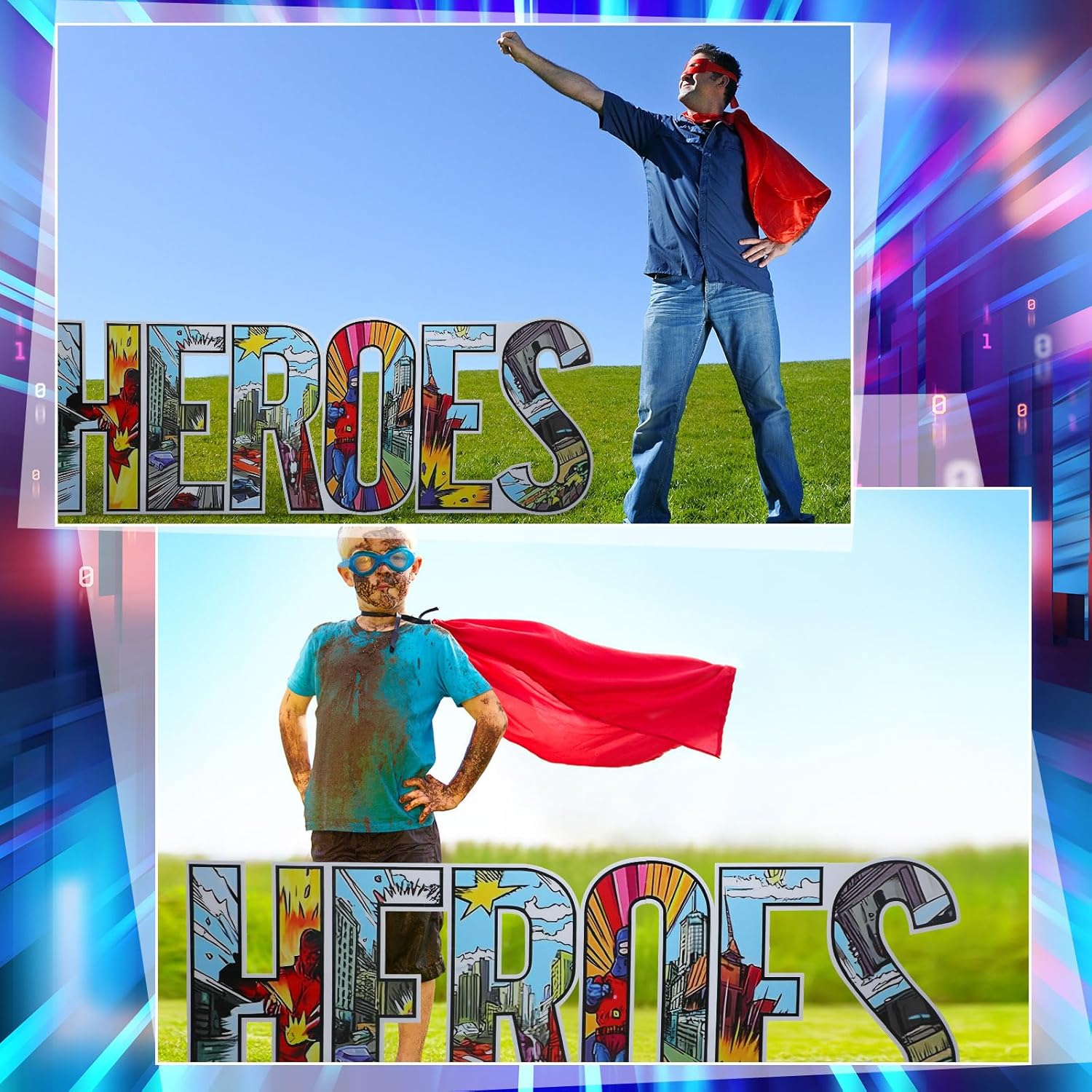 Bucherry 7.7ft Heroes Comic Letter Cardboard Cutout Stand up Life Size Hero Themed Party Decoration Backdrop Photo Props Stand up for Theme Activities Supply