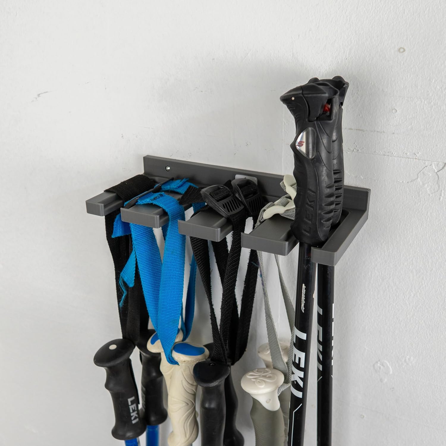 Ski Pole Holder Wall Mount – Holds 5 Pairs by Strap or 4 by Handle – Horizontal – Keeps Handles Up – PETG – Made in USA – Fits Most Ski Poles