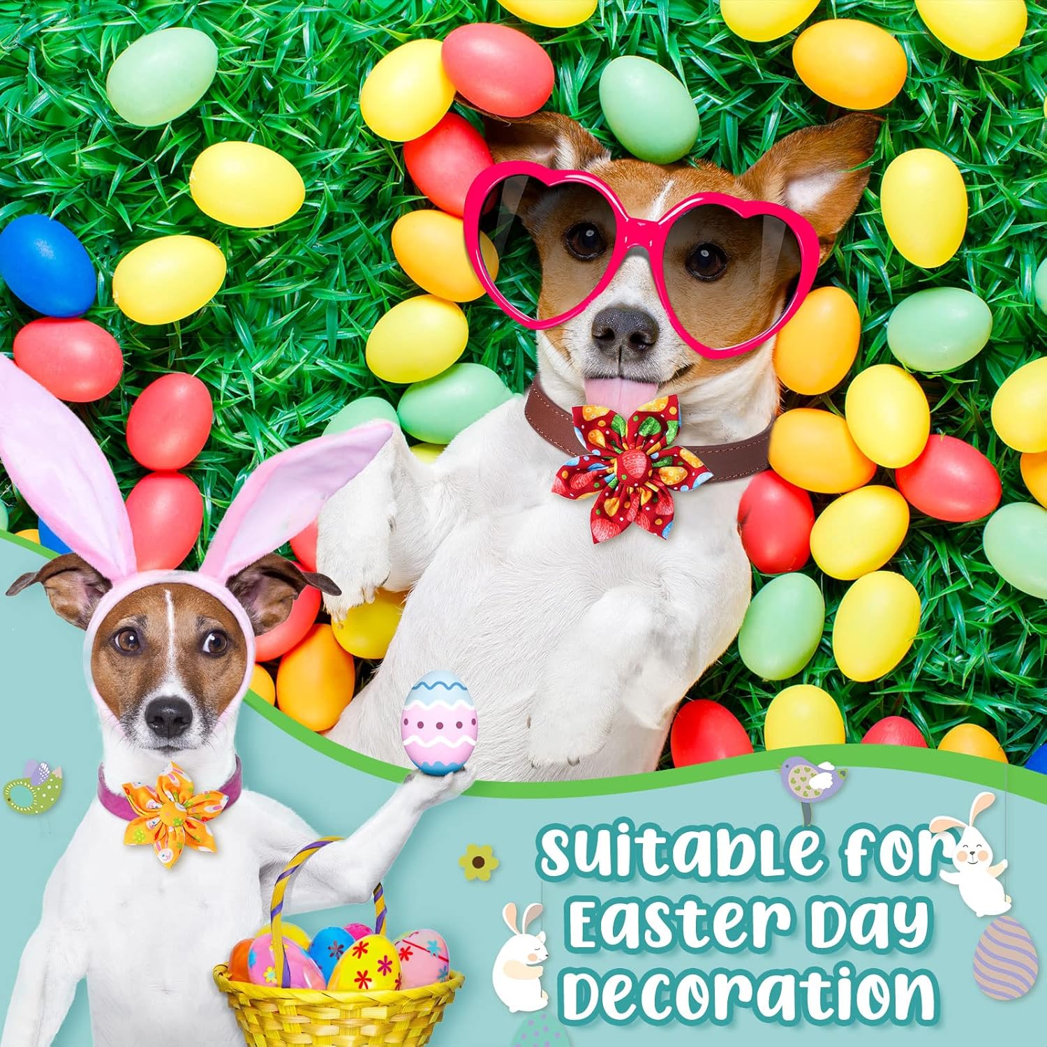 Jexine 60 Pieces Easter Dog Collar Flowers Bulk Colorful Bow Ties Rabbit Dog Charms Grooming for Accessories Small Medium Large Cat Puppy Collar Attachment