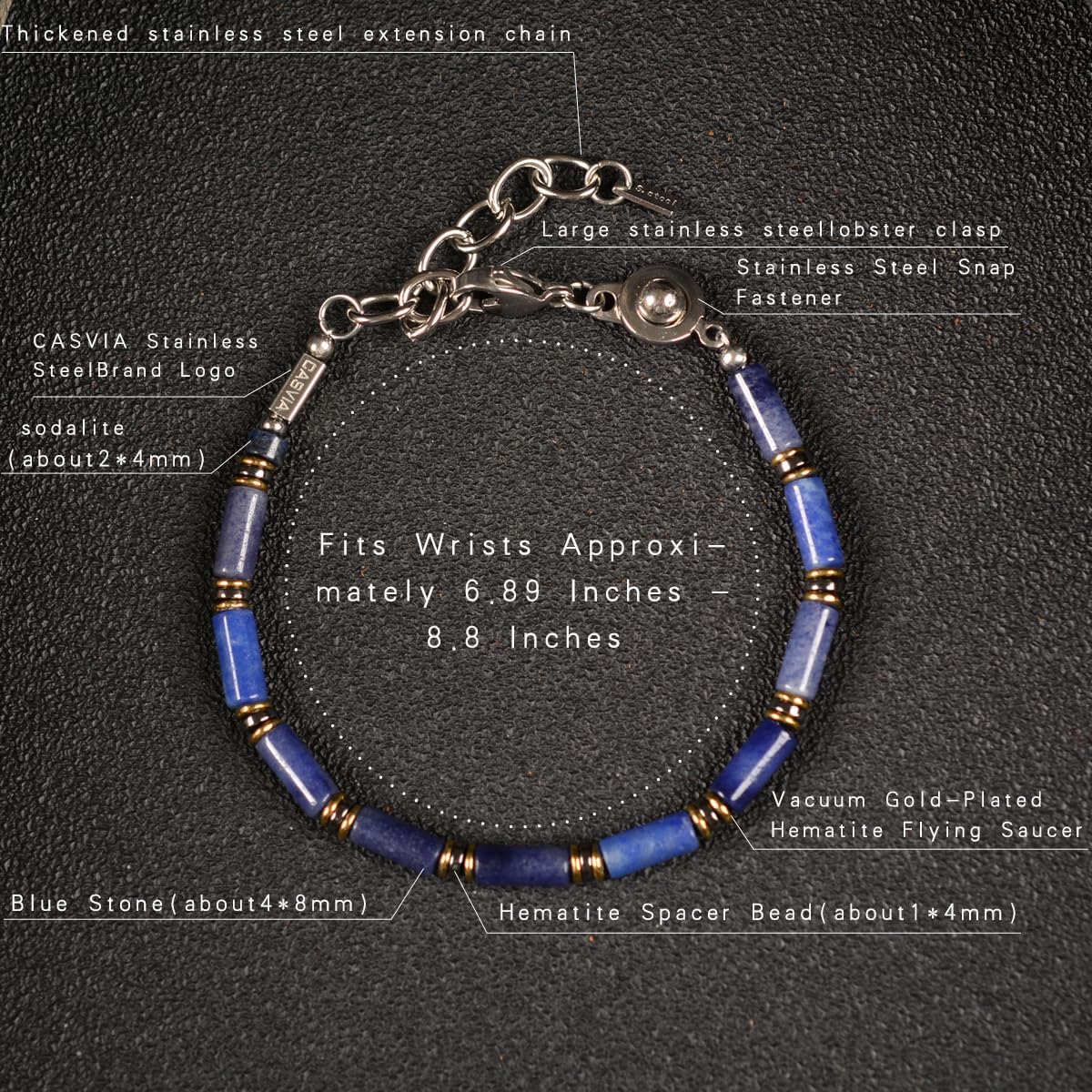 Indigo Edge Men’s Beaded Bracelet - Handcrafted Original Design, Blue Stone & Blue Vein Stone with Metallic Hematite, Stainless Steel Clasp, Adjustable 6.89-8.8 Inches, Ideal Gift for Men