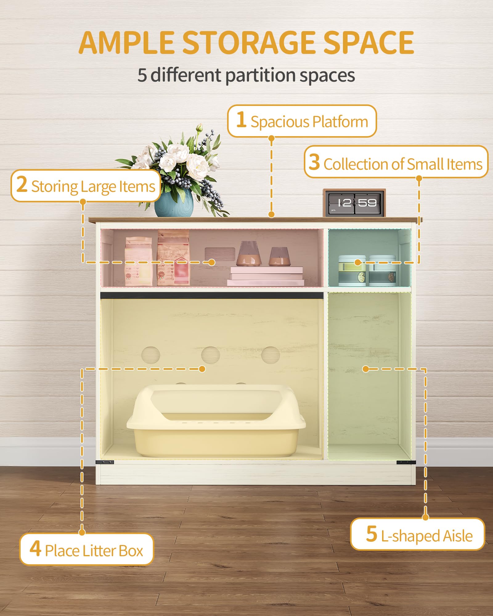 Hzuaneri Cat Litter Box Enclosure, Hidden Litter Box Furniture with Storage, Wooden Cat Cabinet with Scratch Pad, Farmhouse Cats House, TV Stand End Table, Rustic Brown and White CB88614X - image 6