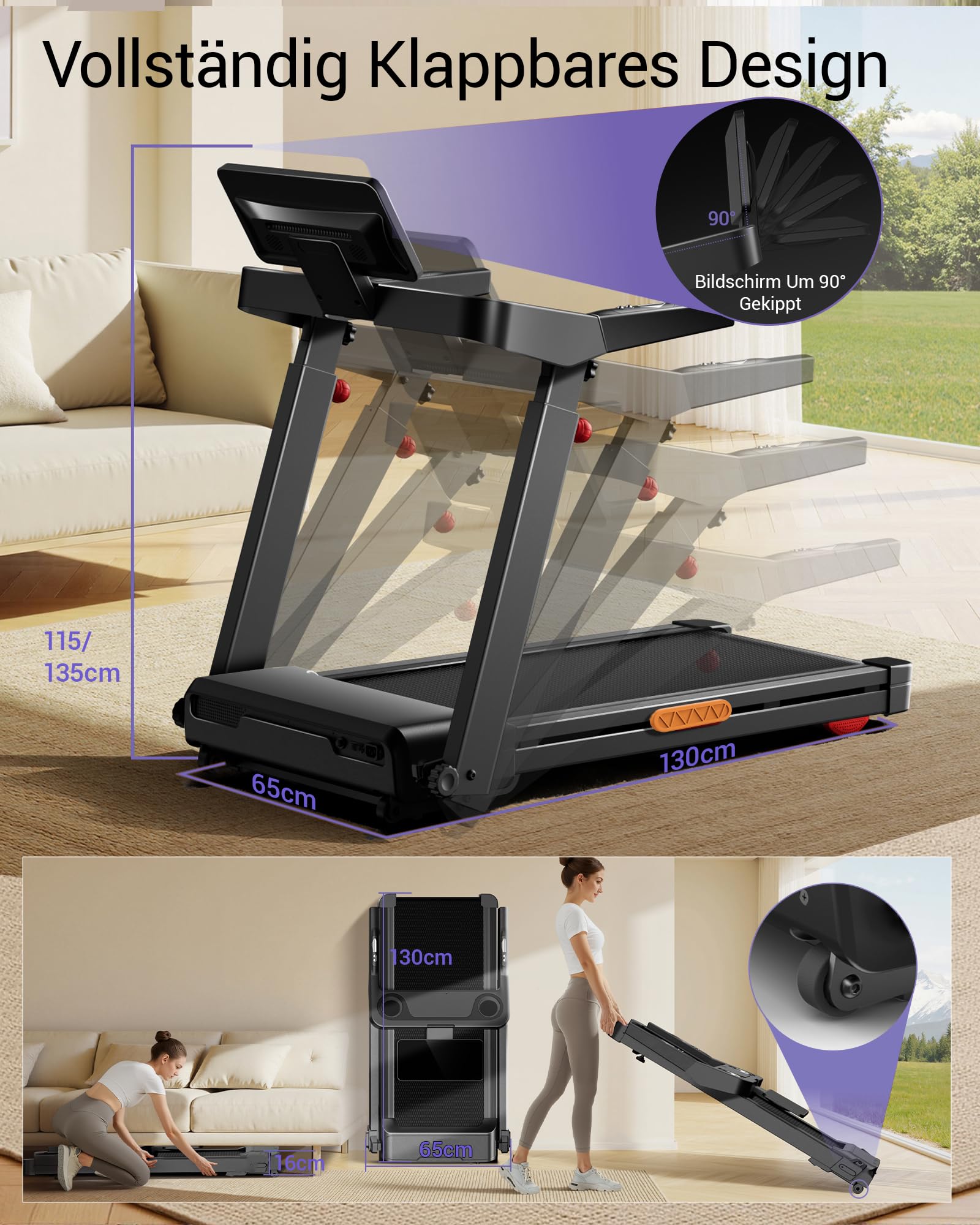 LONTEK Laufband für Zuhause mit 20% Automatischer Steigung, 14 KM/H | 14 KM/H Laufbänder mit 4-stufig verstellbarer Konsole, 3.5 HP Treadmill for Home mit LED-Anzeige, 180 KG