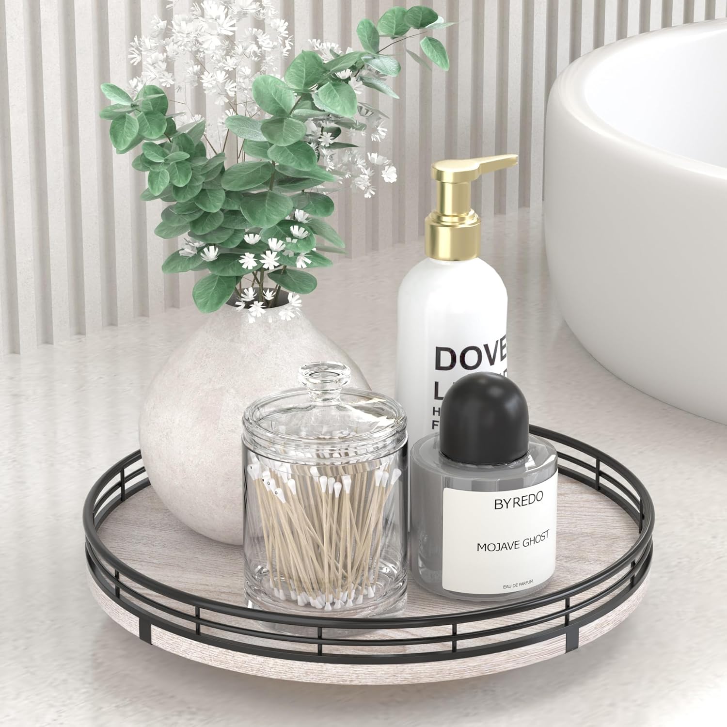 10" Oak Bathroom Vanity Tray Turntable for Perfume Candle, Round Wooden Decorative Tray for Kitchen Sink Countertop Organizer, Bathroom Counter Organizer for Skincare Makeup, Rustic Whitewased White 10