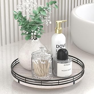 10" Oak Bathroom Vanity Tray Turntable for Perfume Candle, Round Wooden Decorative Tray for Kitchen Sink Countertop Organizer, Bathroom Counter Organizer for Skincare Makeup, Rustic Whitewased