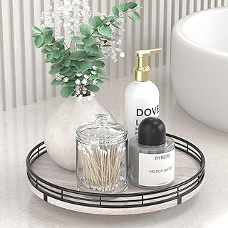 10" Oak Bathroom Vanity Tray Turntable for Perfume Candle, Round Wooden Decorative Tray for Kitchen Sink Countertop Organizer, Bathroom Counter Organizer for Skincare Makeup, Rustic White