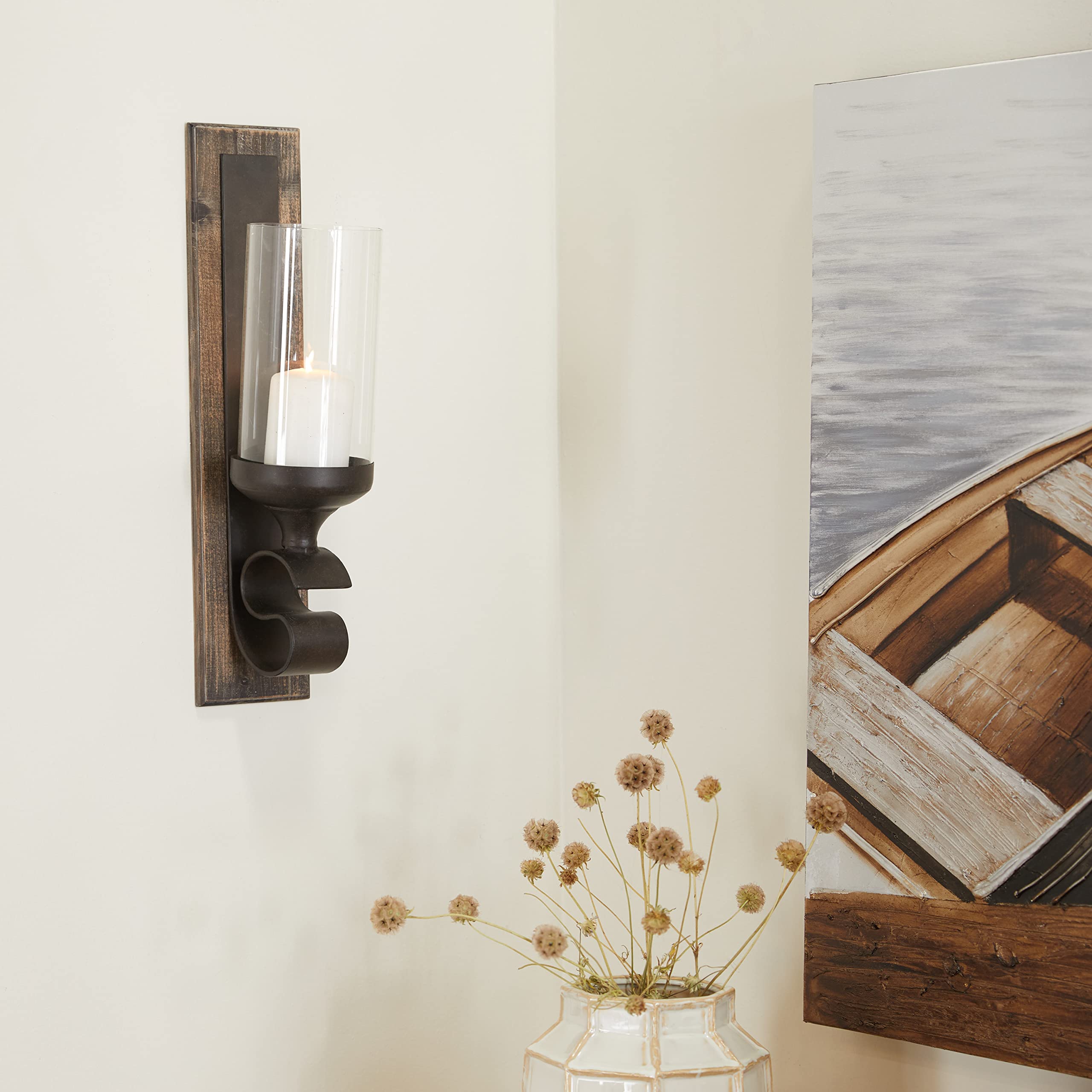 Deco 79 Wood Solid Wall Sconce, 5" x 6" x 20", Brown