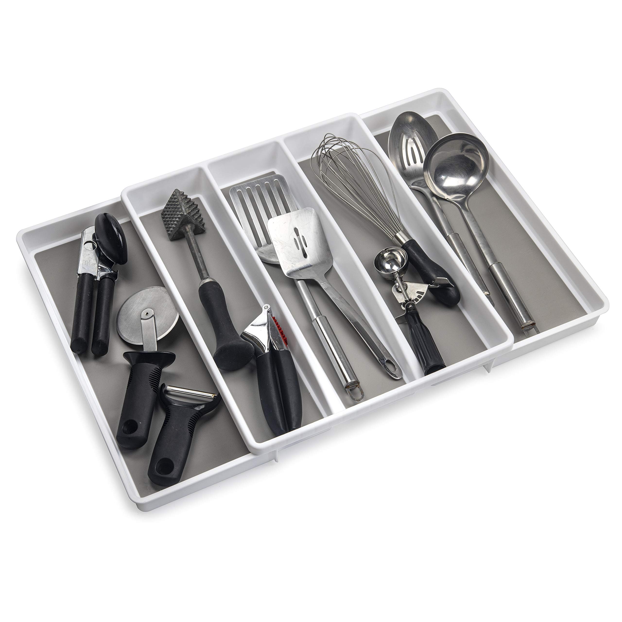 ELTOW Expandable Utensil Drawer Organizer, 5 Compartment Non-Slip & Adjustable Utensil Tray for Kitchen Drawers, Kitchen Organization for Utensils, Office Supplies, Flatware Storage - White