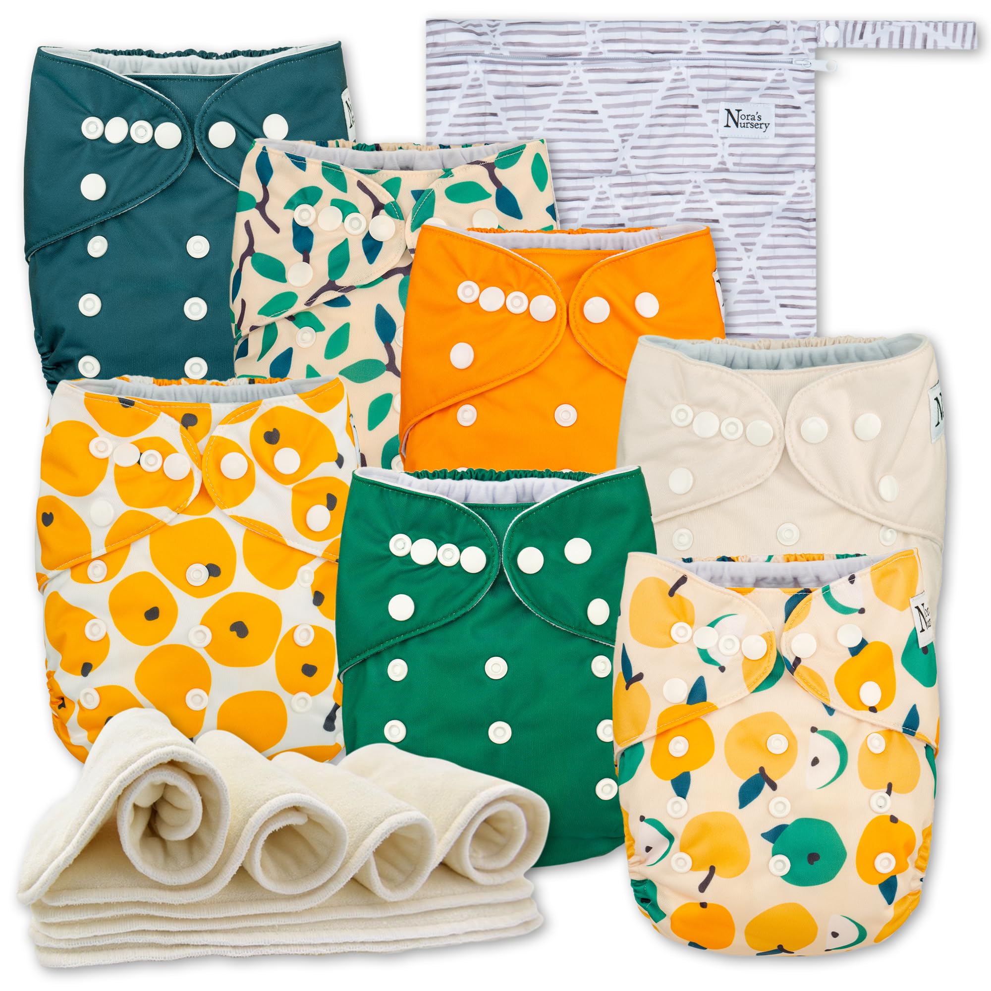 Nora's Nursery Cloth Diapers 7 Pack with 7 Inserts & 1 Wet Bag - Waterproof Cover, Washable, Reusable & One Size Adjustable Pocket Diapers for