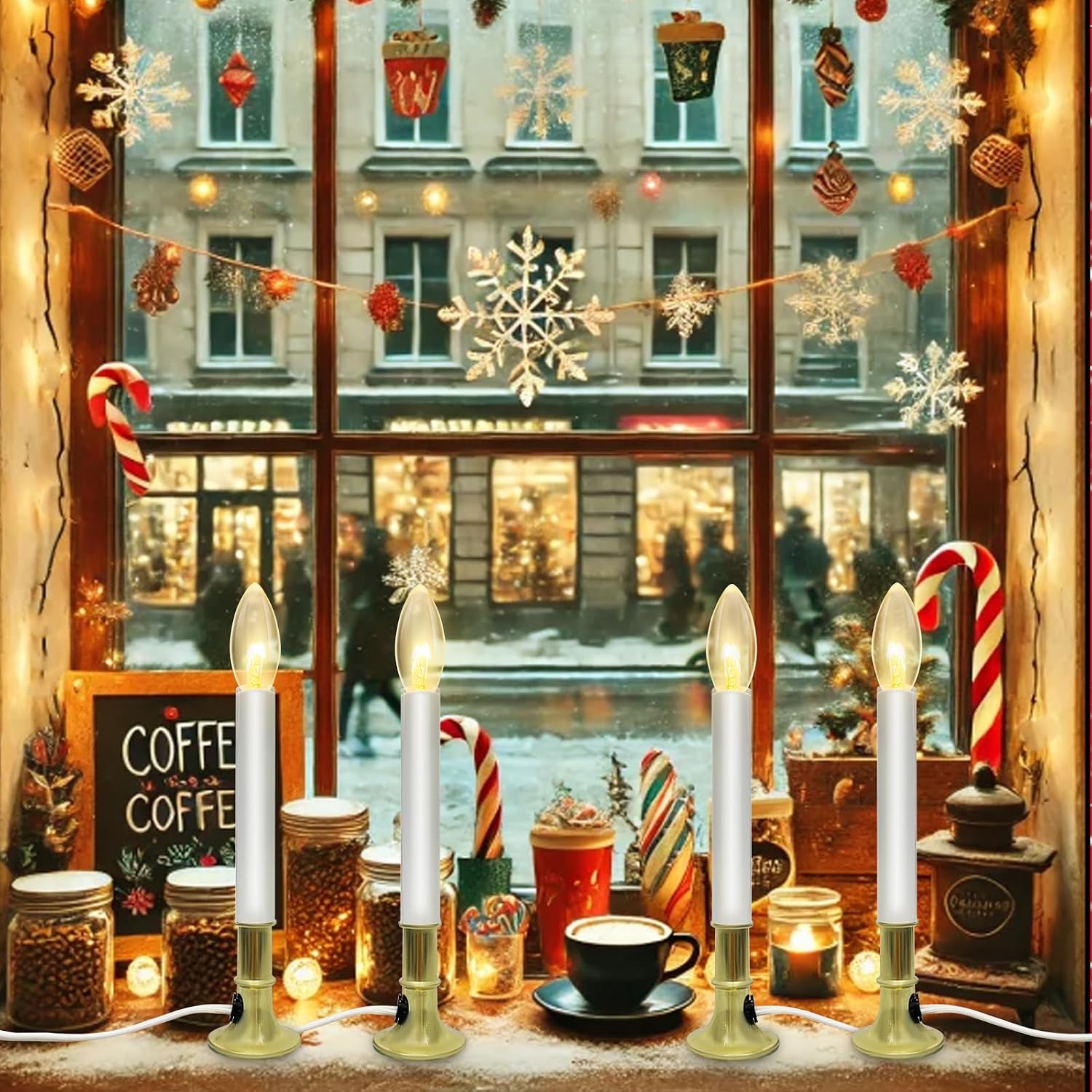 4 Pack Christmas Electric Window Candles with Dusk-to-Dawn Auto Sensor, Turns On in Dark, Off in Light, Plug in Electric Candle for Christmas Window Home Table Decor, 7W C26 Clear Bulb, Gold Base