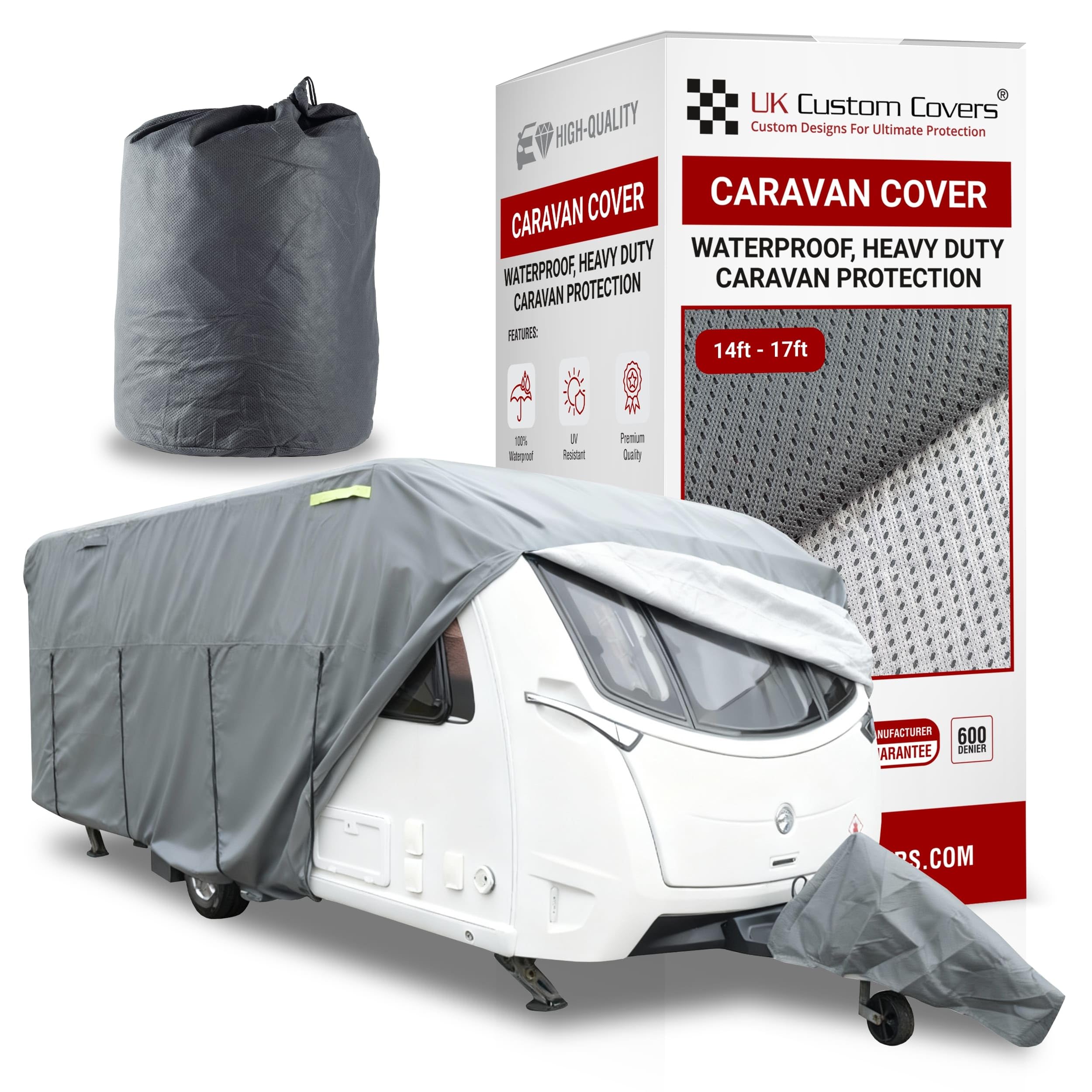 UK Custom Covers CC795GREYAD5 - Funda para caravana de 4 capas, transpirable, resistente, con cubierta de enganche gratis, color gris, tamaños de 12 a 25 pies (seleccionar en anuncio)
