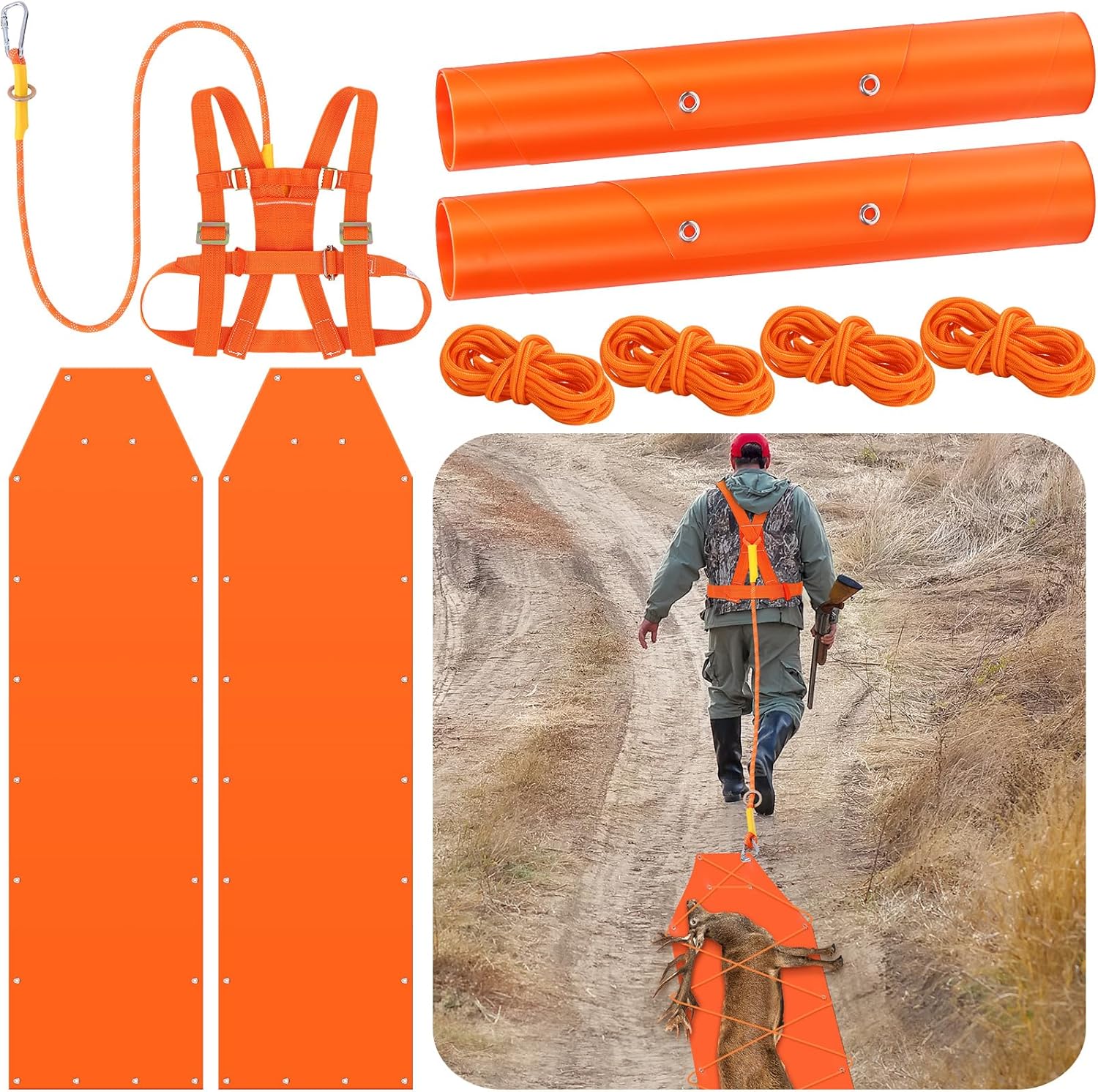 2 Pcs Deer Drag Sleds with Deer Drag Harness and Ropes Heavy Duty Thickened Tear-Resistant Portable Outdoor Gear for Hauling Hunting Trophy Firewood Ice Fishing
