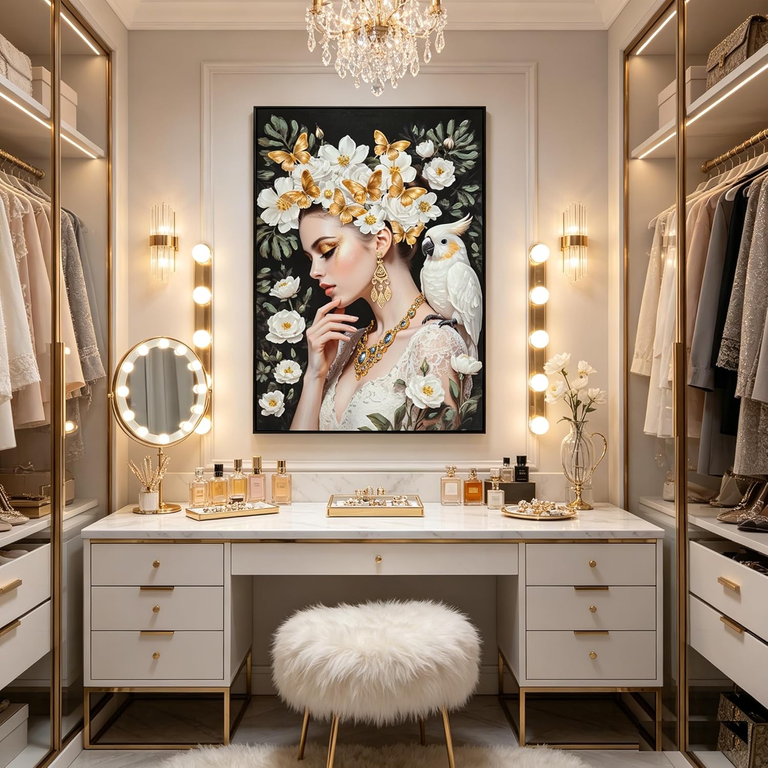 REYOUNG 24x36 Inch Framed Canvas Wall Art, Luxury White Flower Gold Butterfly Woman Portrait, Elegant Floral Lady with Cockatoo Painting, Modern Home Decor for Living Room Bedroom, Ready to Hang