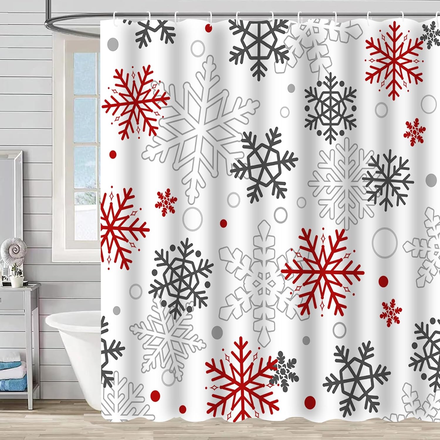 Christmas Snowflakes Shower Curtain, Red and Grey Snowflake Winter Bathroom Curtains Waterproof Fabric Bath Curtain 72x72 Inch with 12 Hooks