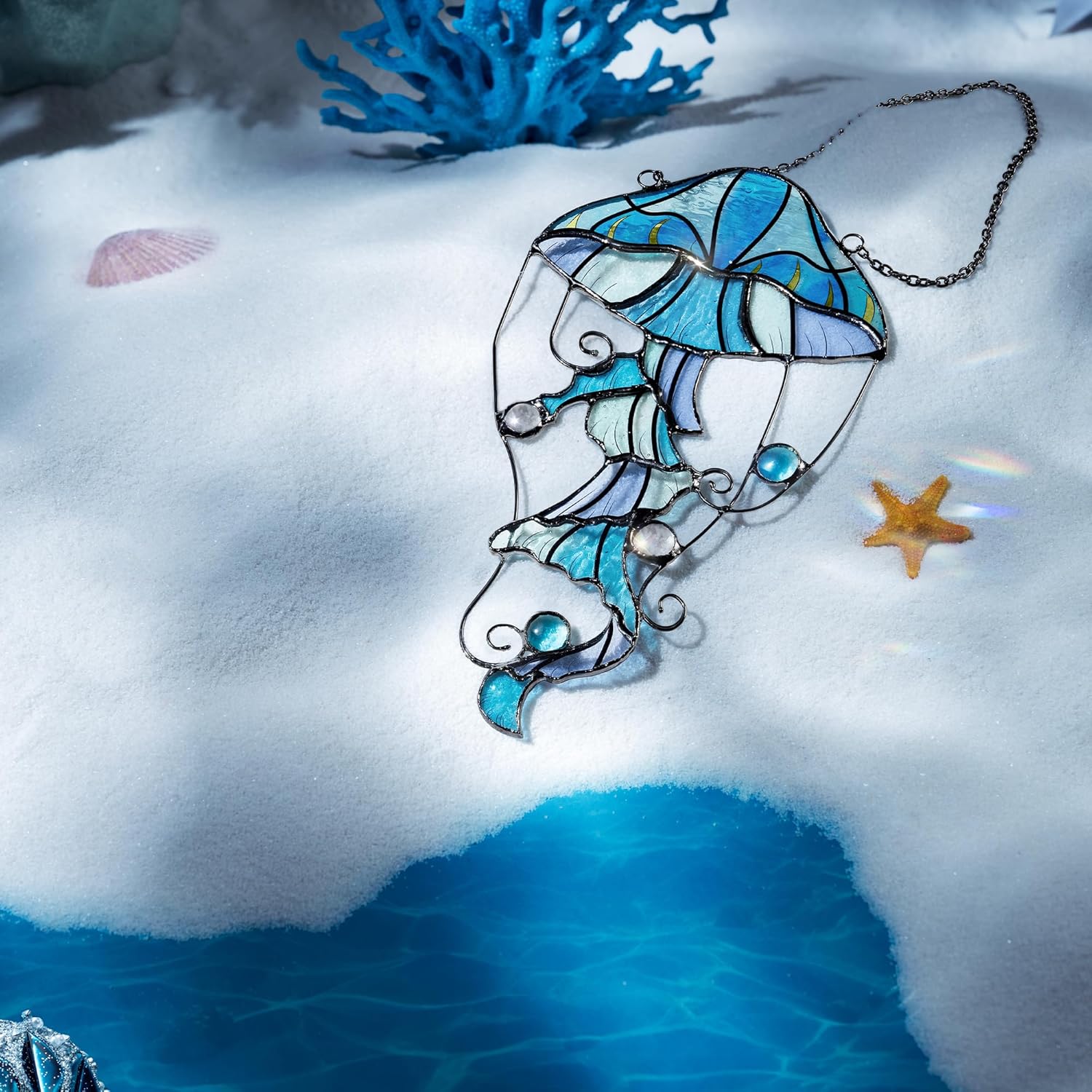 Jellyfish Stained Glass Window Hanging, Ocean Sea Life Sun Catchers Indoor Panel, Nautical Suncatcher Decor for Home, Wall, Garden, Coastal Ornament Gift for Women, Beach Lovers