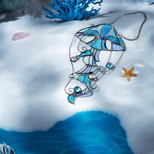 Miniatura 4 de Medusa para colgar en la ventana de vitral, panel interior atrapasoles de vida marina en el océano, decoración náutica para el hogar, pared, jardín,