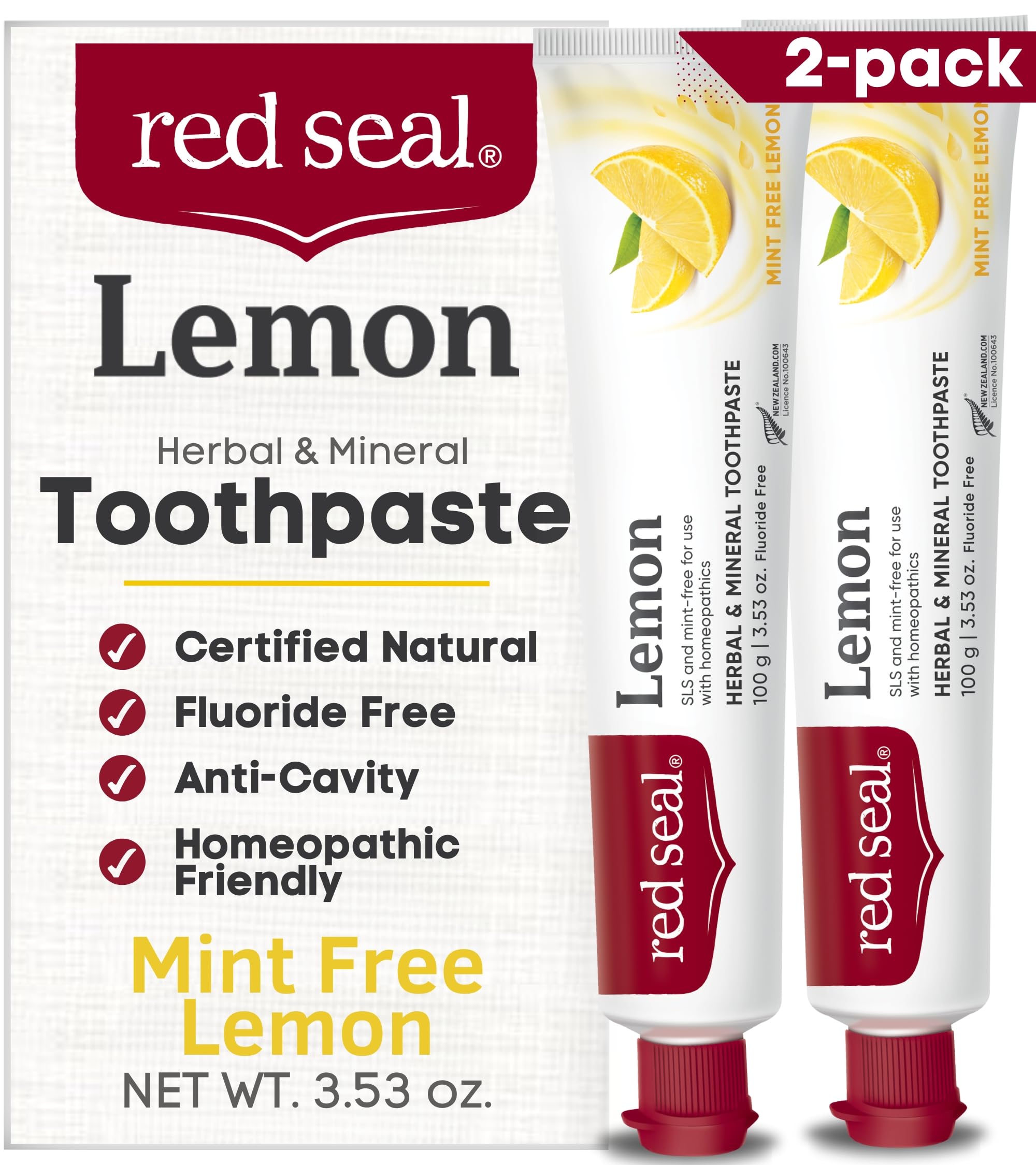 Red Seal Fluoride Free Lemon Toothpaste - Flavored Toothpaste with a Non Mint Taste - Vegan Friendly, Cruelty Free, No Artificial Colors or Flavors,