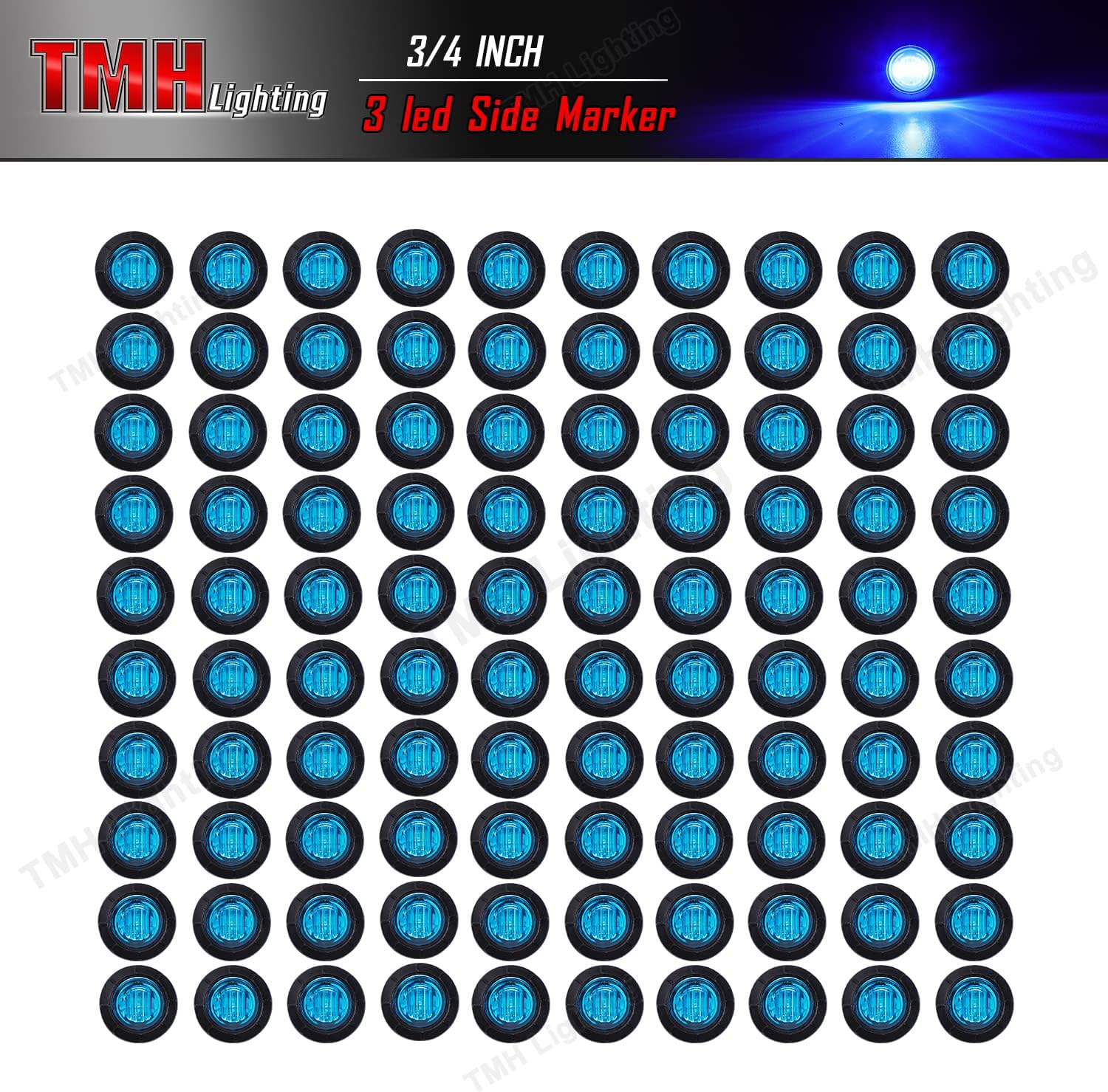 TMH 100 Pcs 3/4 Inch Round 3 LED Side Marker Indicator Lights 12V DC (Blue (100 PCS))