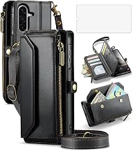 Asuwish Phone Case for Samsung Galaxy A17 5G Zipper Wallet Cover with Tempered Glass Screen Protector and Leather Flip RFID Blocking Credit Card Holder Cell Accessories A 17 17A 4G Women Girls Black