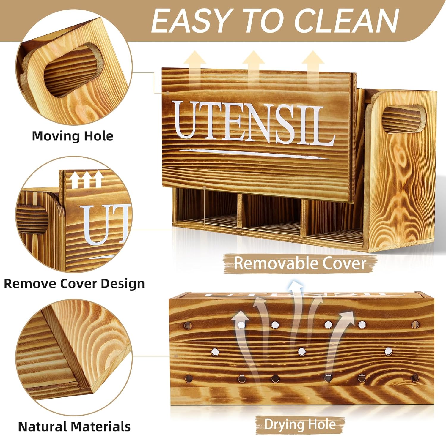 brekle Rustic Kitchen Utensil Holder Larger Wooden Utensil Holder for Kitchen Counter 3 Compartment for Efficient Utensil Organizer and Cooking Tools Storage : Home & Kitchen