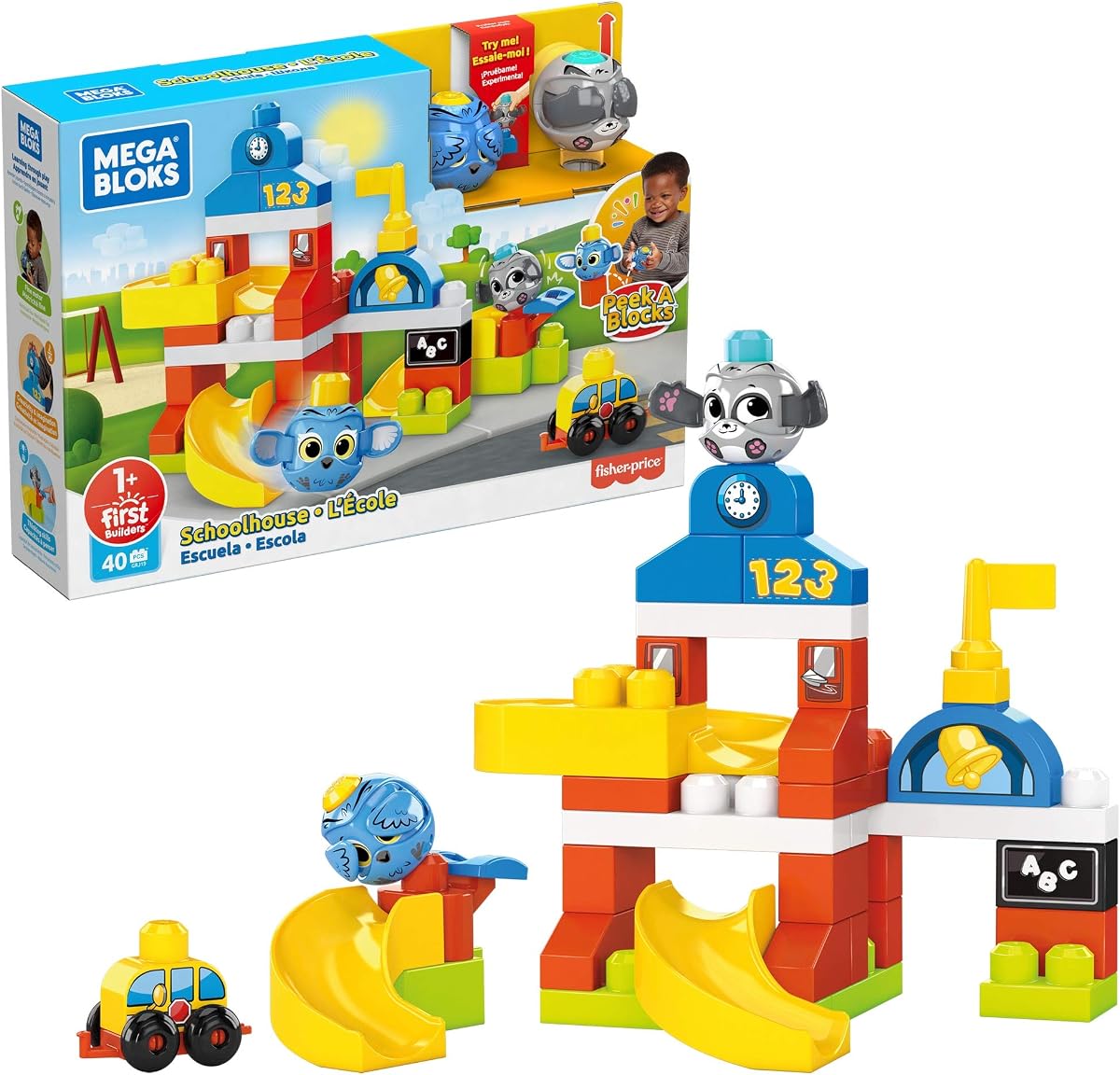 Mega Bloks Peek A Blocks Escuela con grandes bloques de construcción, juguetes de construcción para niños pequeños (42 piezas)